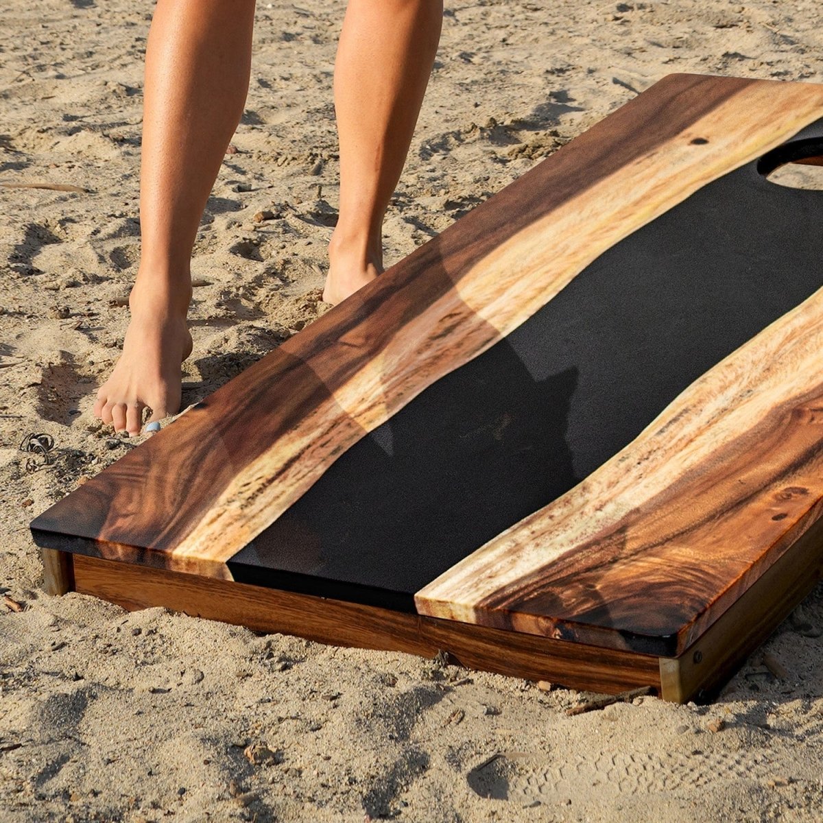 2ft x 4ft Resin & Wood Classic Cornhole Set | Live Edge River Collection - Black EGCH24RLE-11 | American Cornhole Association