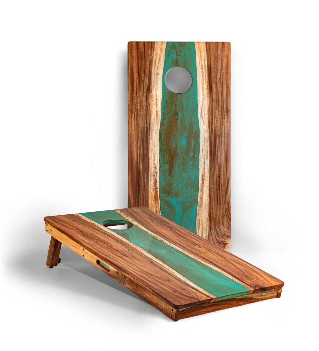 2ft x 4ft Resin & Wood Classic Cornhole Set | Live Edge River Collection - Teal and Orange EGCH24RLE-09 | American Cornhole Association