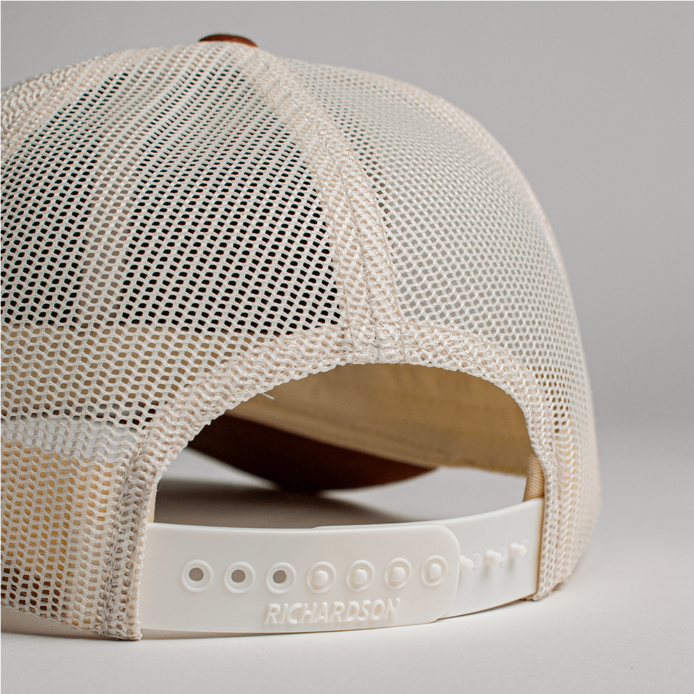 ACA Tan and Cream Richardson Snapback Trucker Hat with Retro Sasquatch Patch, Tan - American Cornhole Association