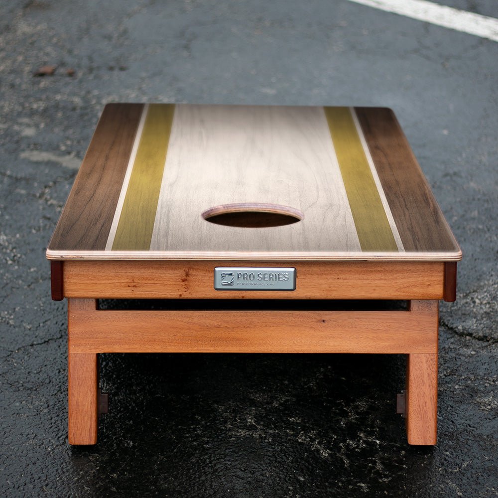 Classic Stripes Dark Wood Ivory and Gold Silver Series Cornhole Boards - American Cornhole Association