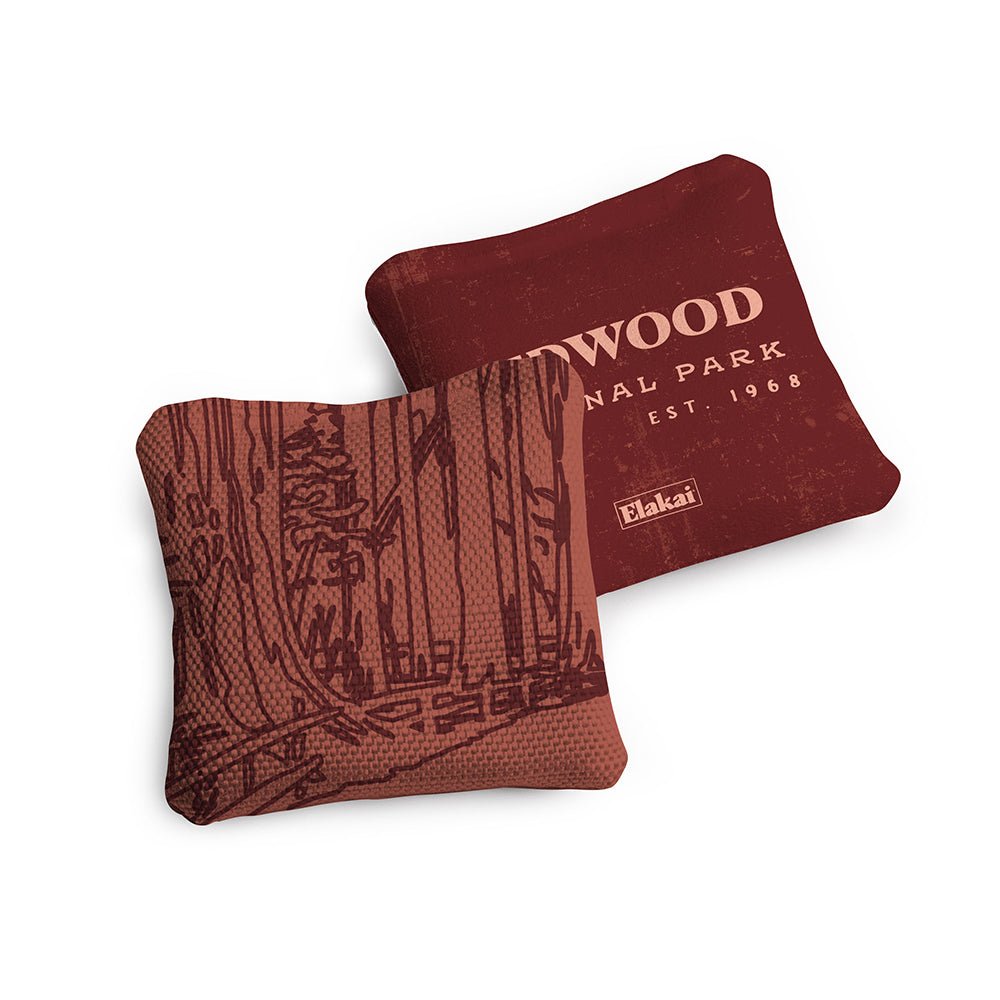National Parks Redwoods Travel - Size Cornhole Bags, Burgundy - American Cornhole Association