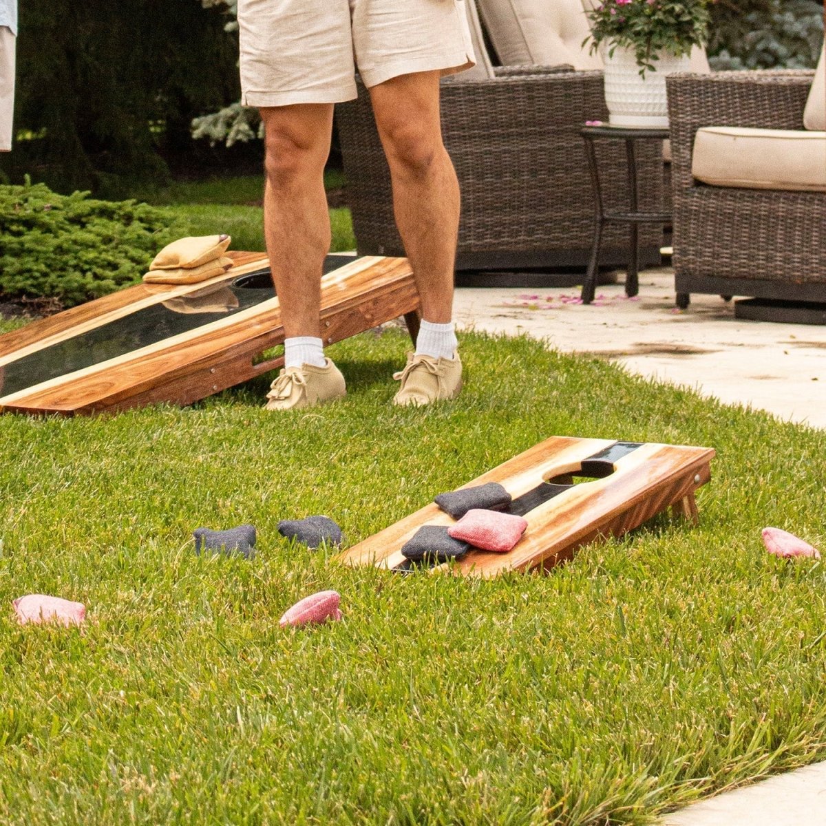 1ft x 2ft Resin & Wood Travel Cornhole Set | Live Edge River Collection - Black EGCH12RLE-11-WB | American Cornhole Association