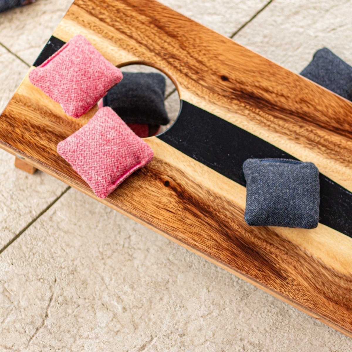 1ft x 2ft Resin & Wood Travel Cornhole Set | Live Edge River Collection - Black EGCH12RLE-11-WB | American Cornhole Association