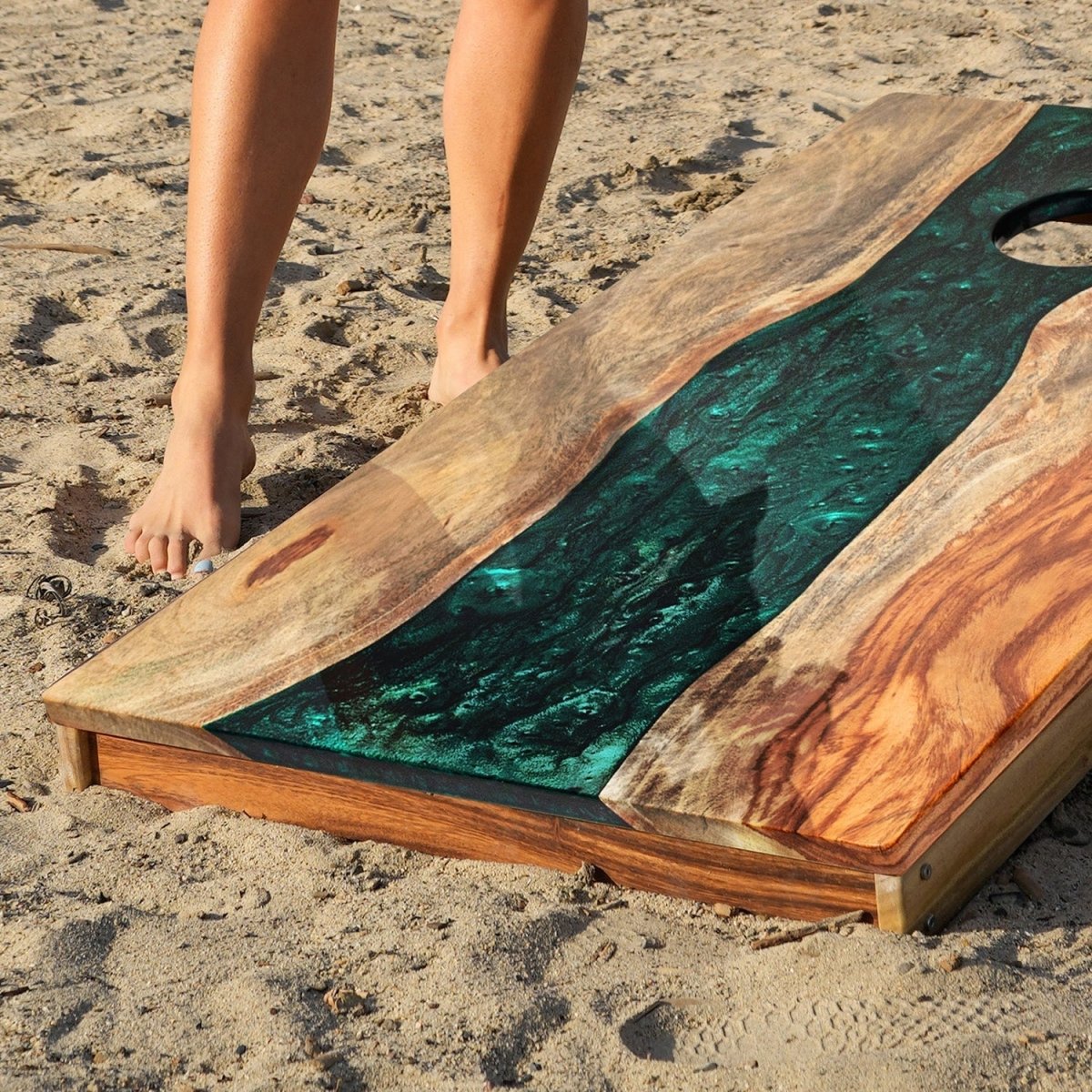 2ft x 4ft Resin & Wood Classic Cornhole Set | Live Edge River Collection - Green Pearl EGCH24RLE-01 | American Cornhole Association