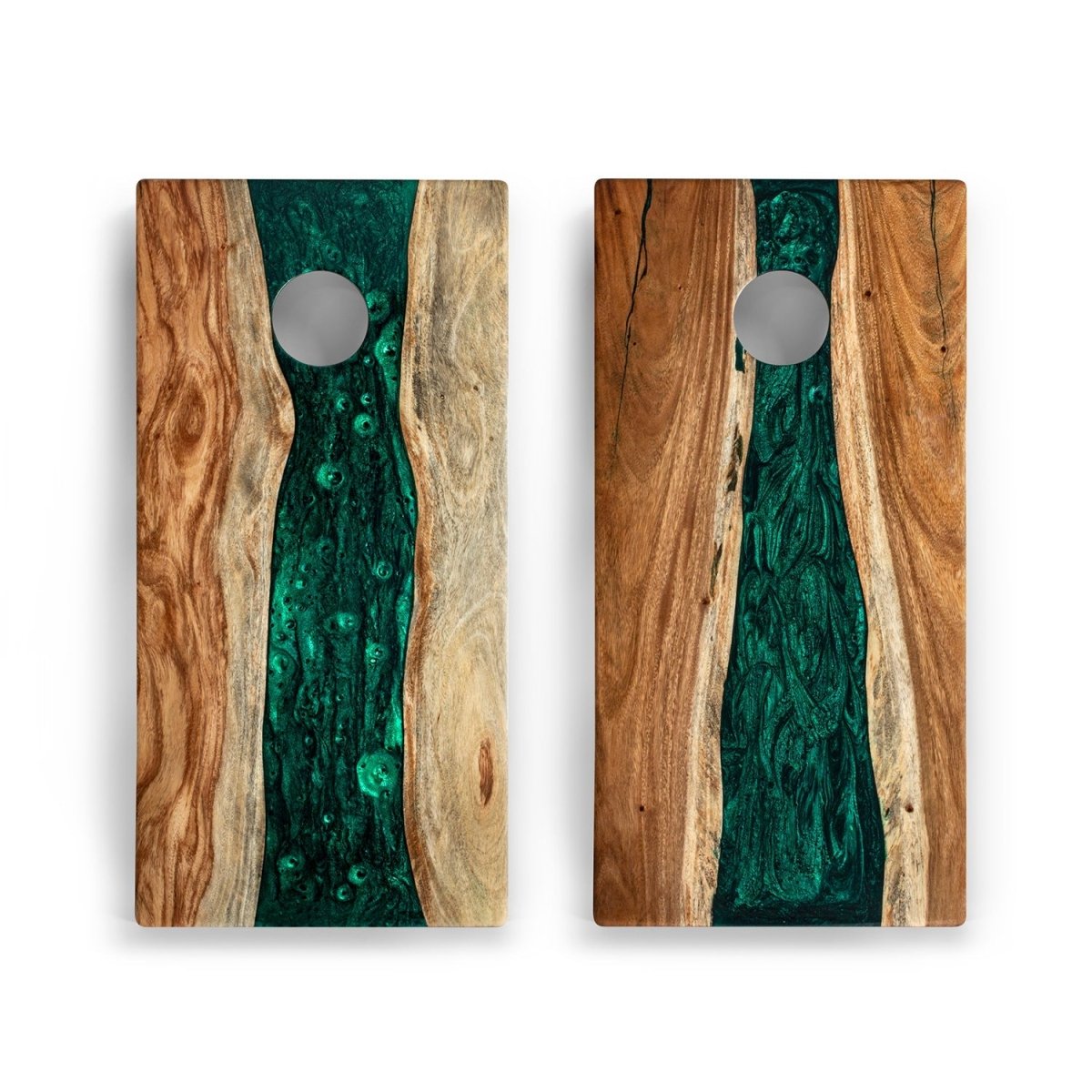 2x4 One of a Kind Epoxy Resin Live - Edge Wood Cornhole Boards - Green Pearl EGCH24RLE - 01 | American Cornhole Association
