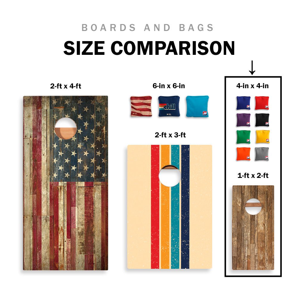 Comparison chart of cornhole boards and bags with size specifications.