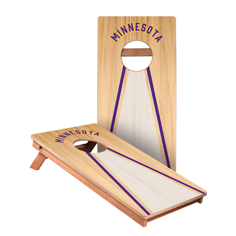 Wooden cornhole board with 'Minnesota' branding on a white background