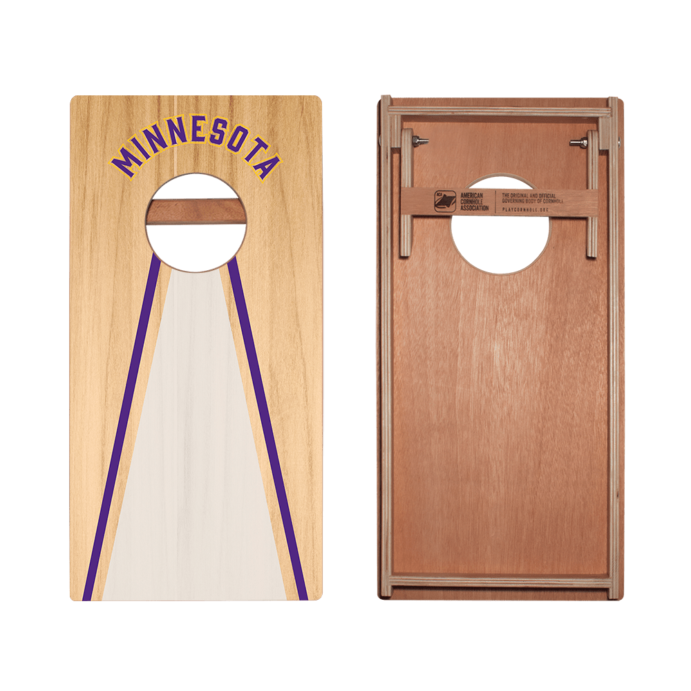 Wooden cornhole boards with 'Minnesota' branding on a white background