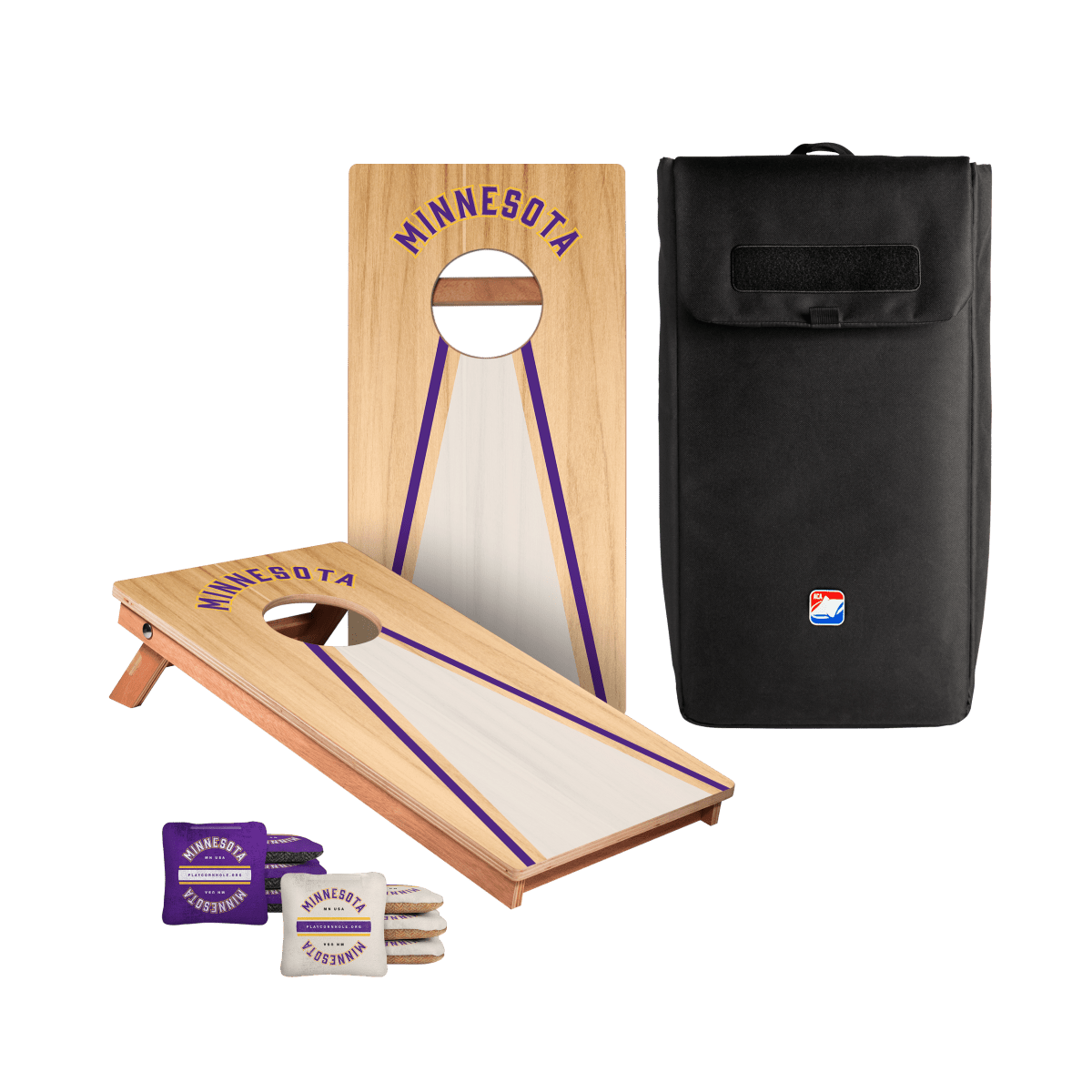 Cornhole set with 'Minnesota' branding, bags, and carrying case on a white background