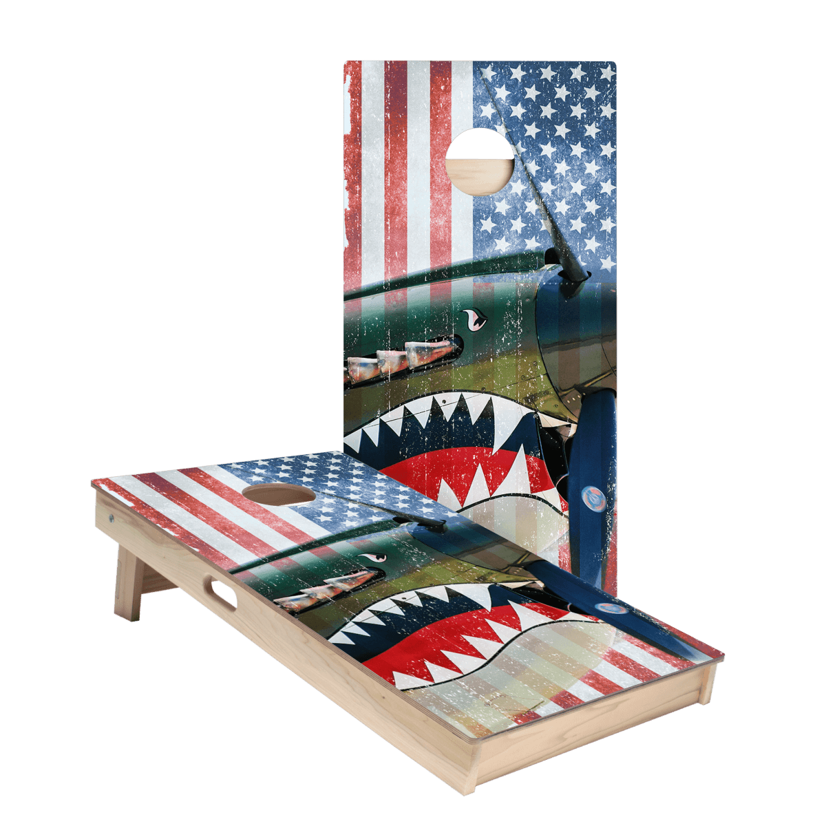 Vintage American Flag Plane Star Cornhole Boards - ACA - 000179 | American Cornhole Association