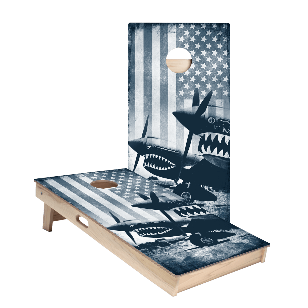 Vintage Black And White American Flag Plane Star Cornhole Boards - ACA - 000178 | American Cornhole Association