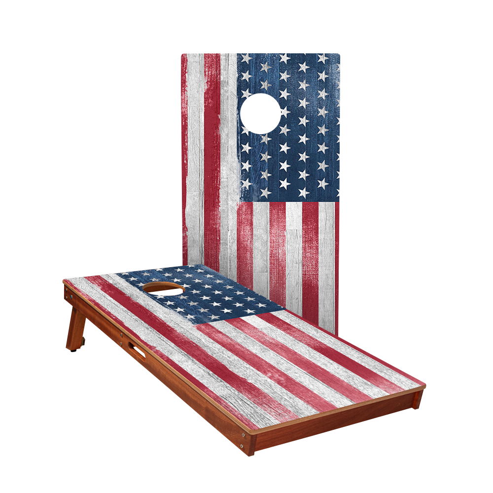White Rustic Wood American Flag Sig Pro Cornhole Boards